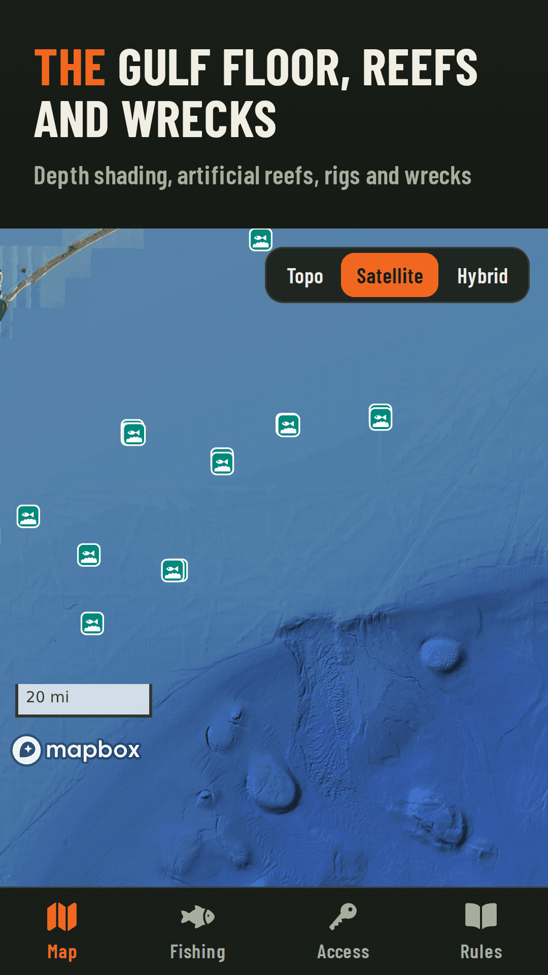 Gulf floor depth, reefs and wrecks